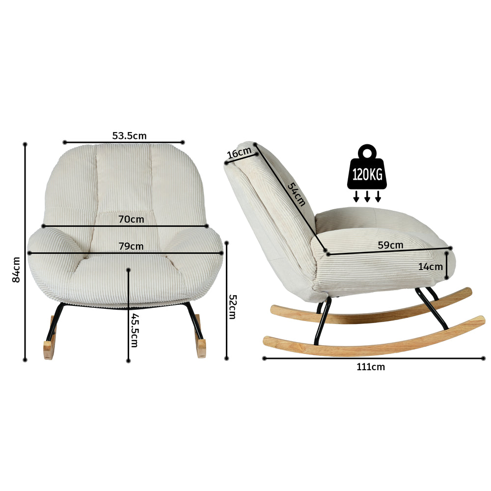 Fauteuil à bascule scandinave en velours côtelé avec accoudoirs pour salon ou chambre à coucher, beige - LITHOPS