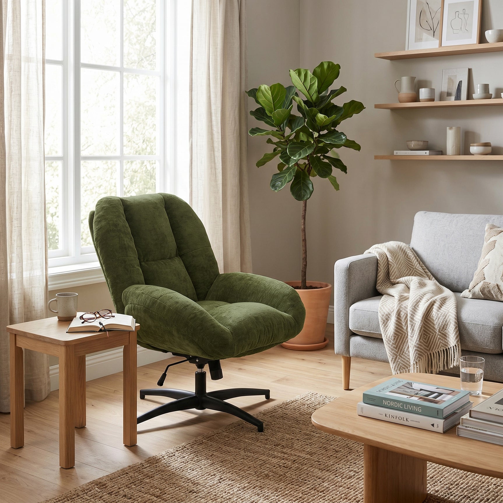 Fauteuil de bureau pivotant scandinave avec accoudoirs en tissu chenille, réglable, vert - LITHOPS FIX