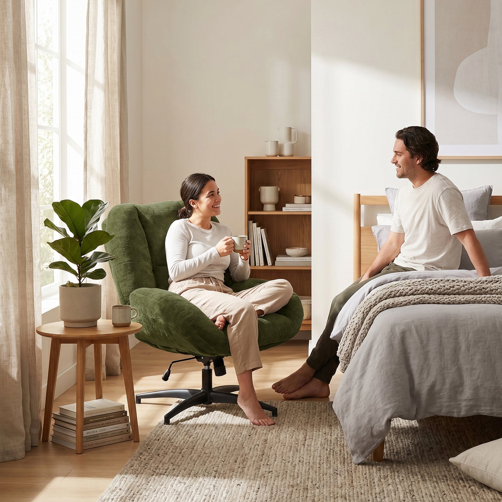 Fauteuil de bureau pivotant scandinave avec accoudoirs en tissu chenille, réglable, vert - LITHOPS FIX