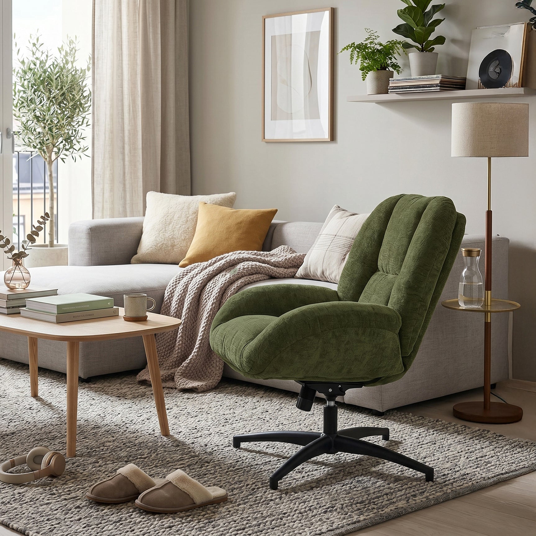 Fauteuil de bureau pivotant scandinave avec accoudoirs en tissu chenille, réglable, vert - LITHOPS FIX