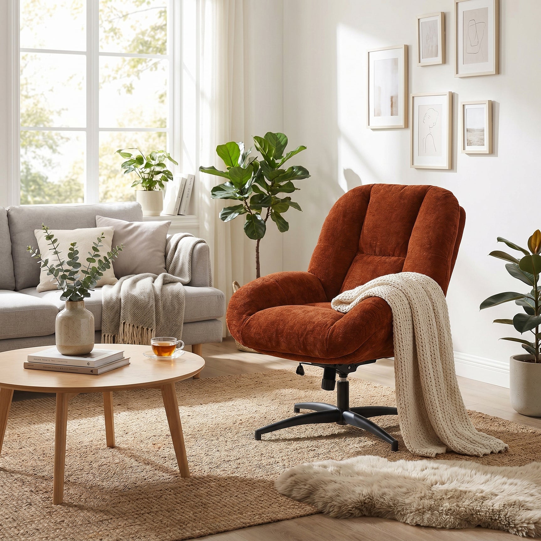 Fauteuil de bureau pivotant scandinave avec accoudoirs en tissu chenille, réglable, terracotta - LITHOPS FIX