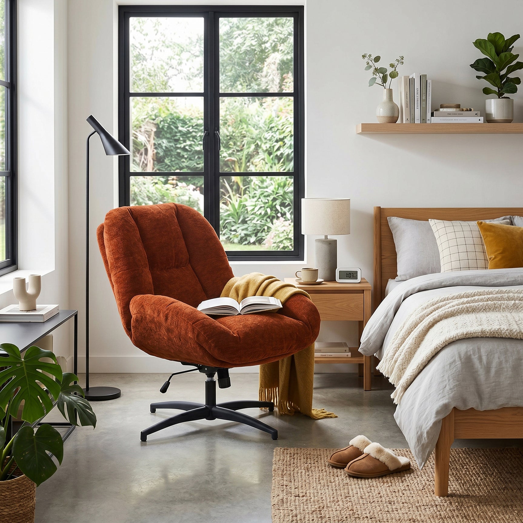 Fauteuil de bureau pivotant scandinave avec accoudoirs en tissu chenille, réglable, terracotta - LITHOPS FIX