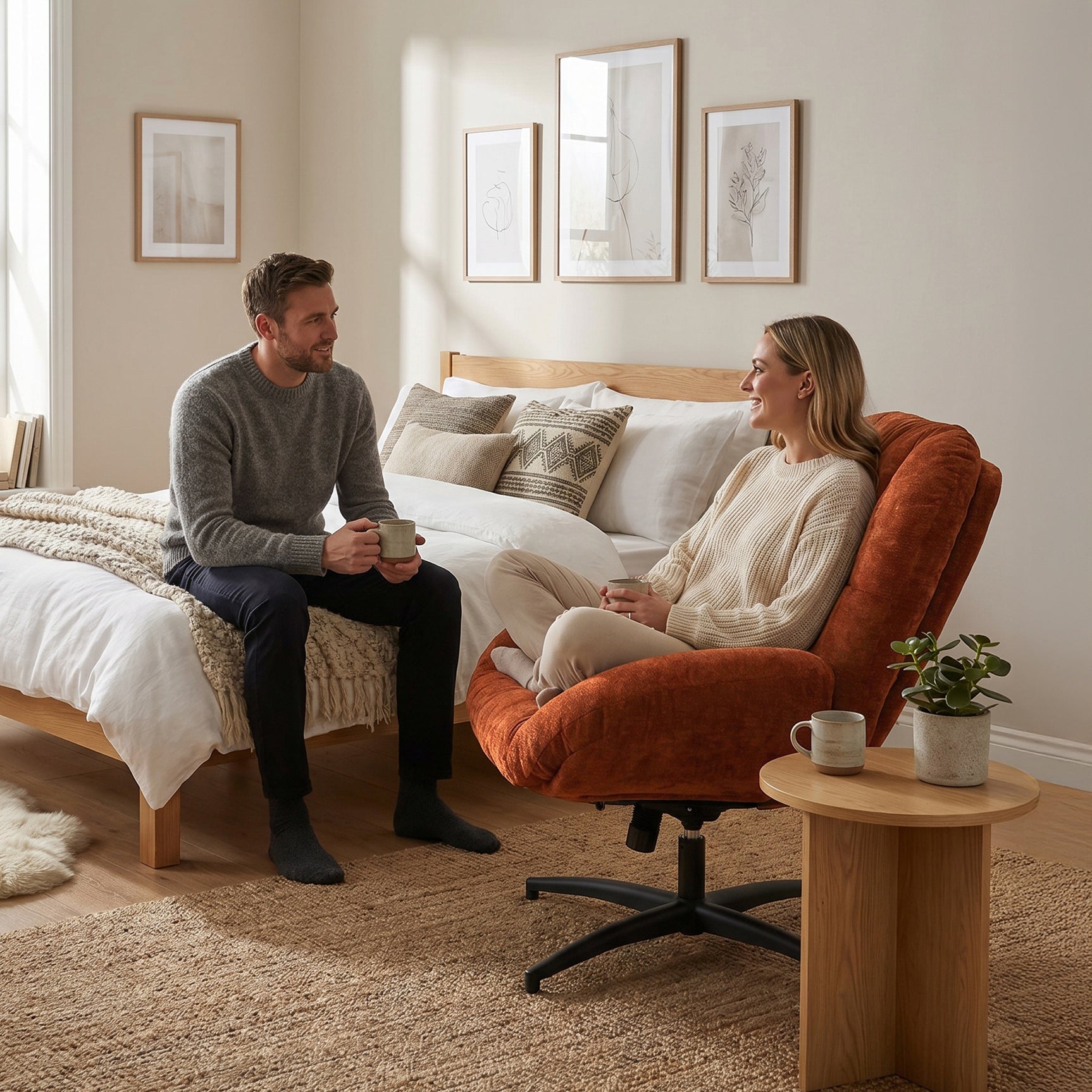 Fauteuil de bureau pivotant scandinave avec accoudoirs en tissu chenille, réglable, terracotta - LITHOPS FIX