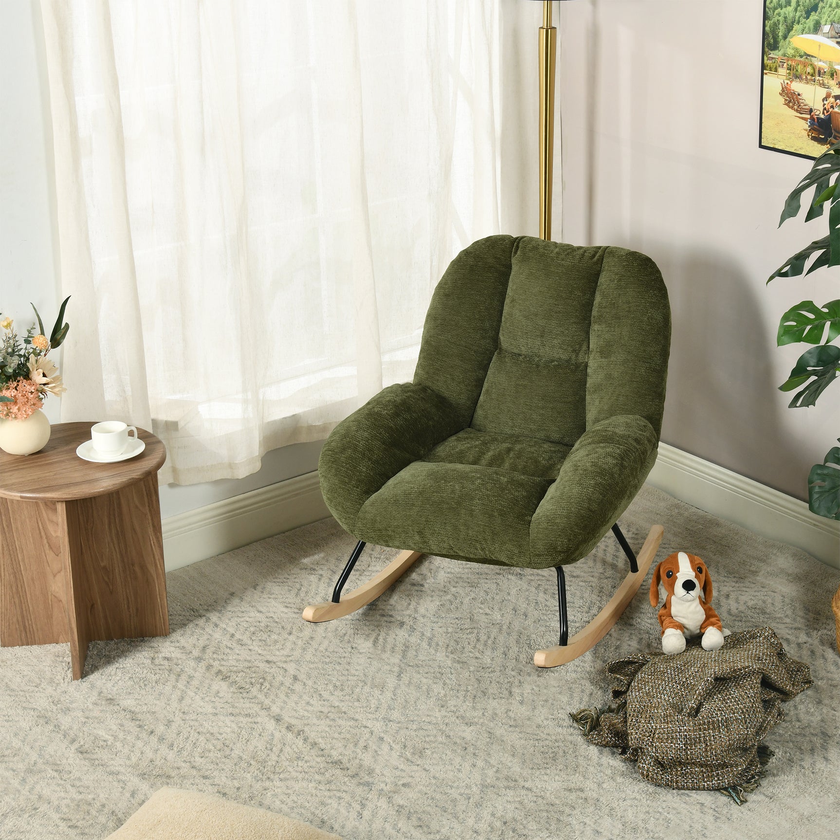Fauteuil à bascule scandinave en tissu chenille avec accoudoirs pour salon ou chambre à coucher, vert - LITHOPS