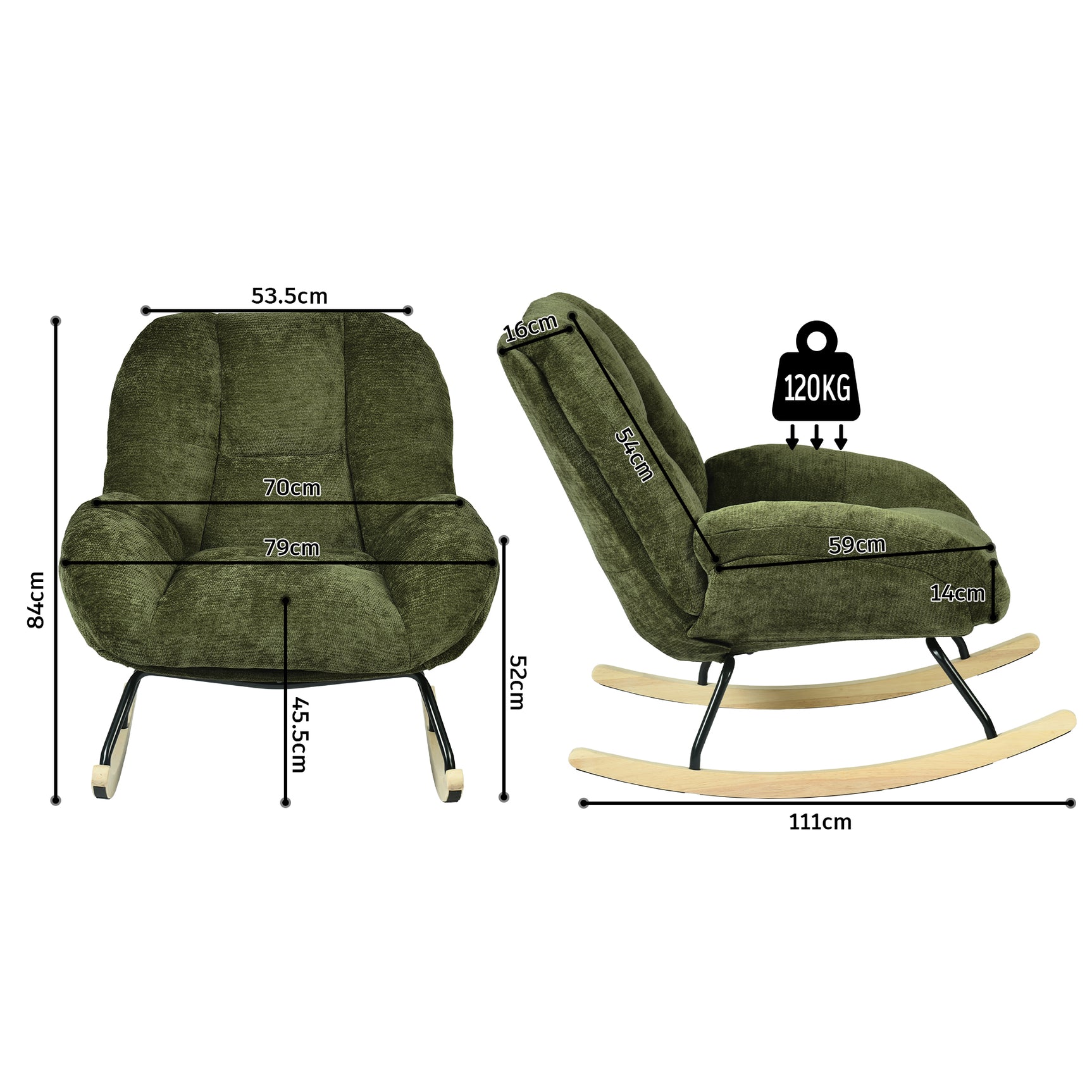 Fauteuil à bascule scandinave en tissu chenille avec accoudoirs pour salon ou chambre à coucher, vert - LITHOPS