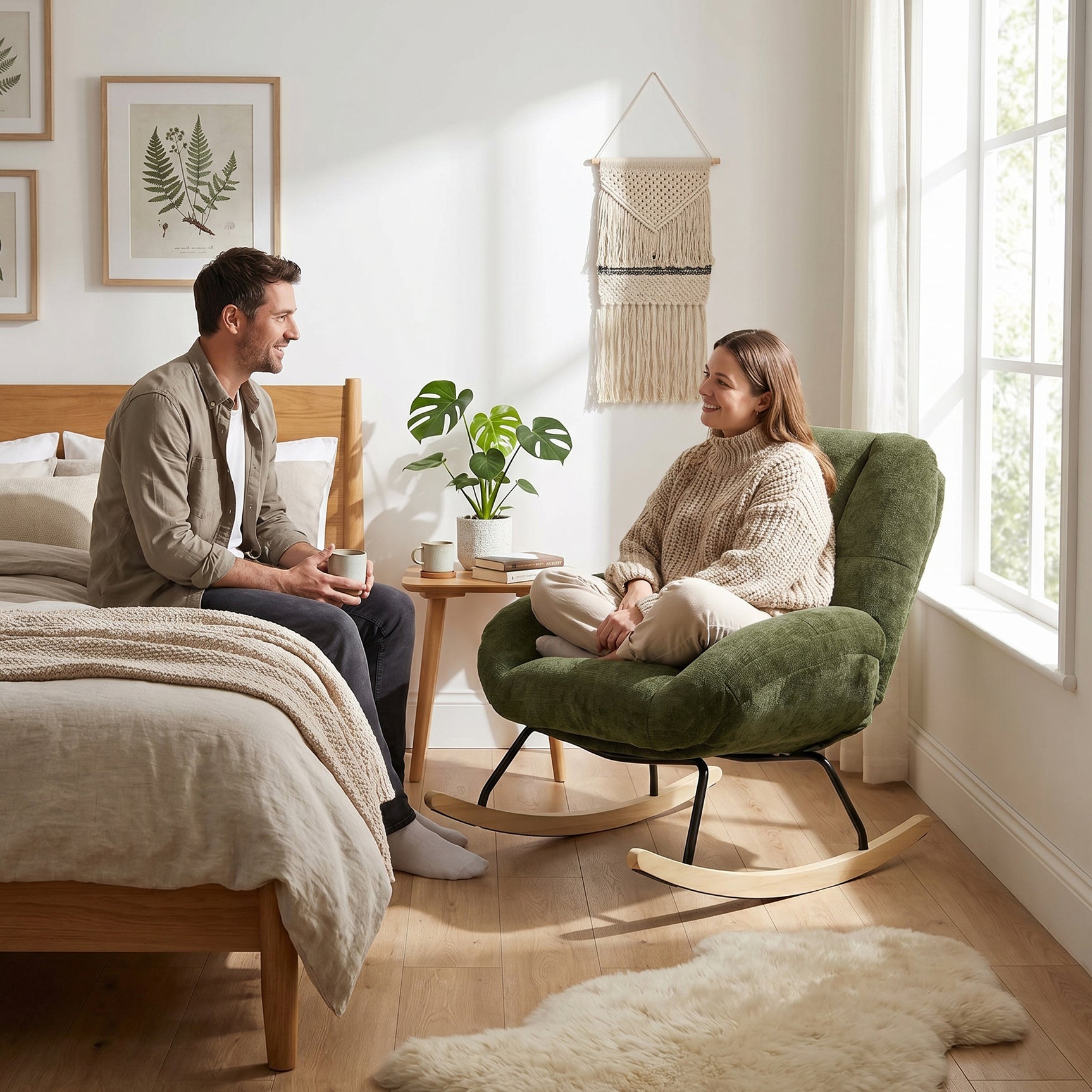 Fauteuil à bascule scandinave en tissu chenille avec accoudoirs pour salon ou chambre à coucher, vert - LITHOPS