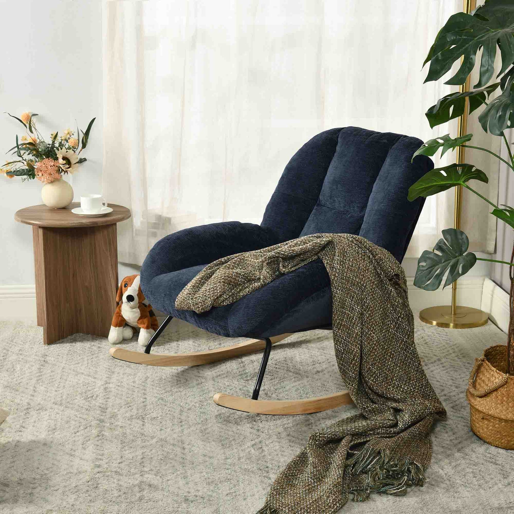 Lot de 2 fauteuil à bascule scandinave en tissu chenille avec accoudoirs pour salon ou chambre à coucher, bleu - LITHOPS
