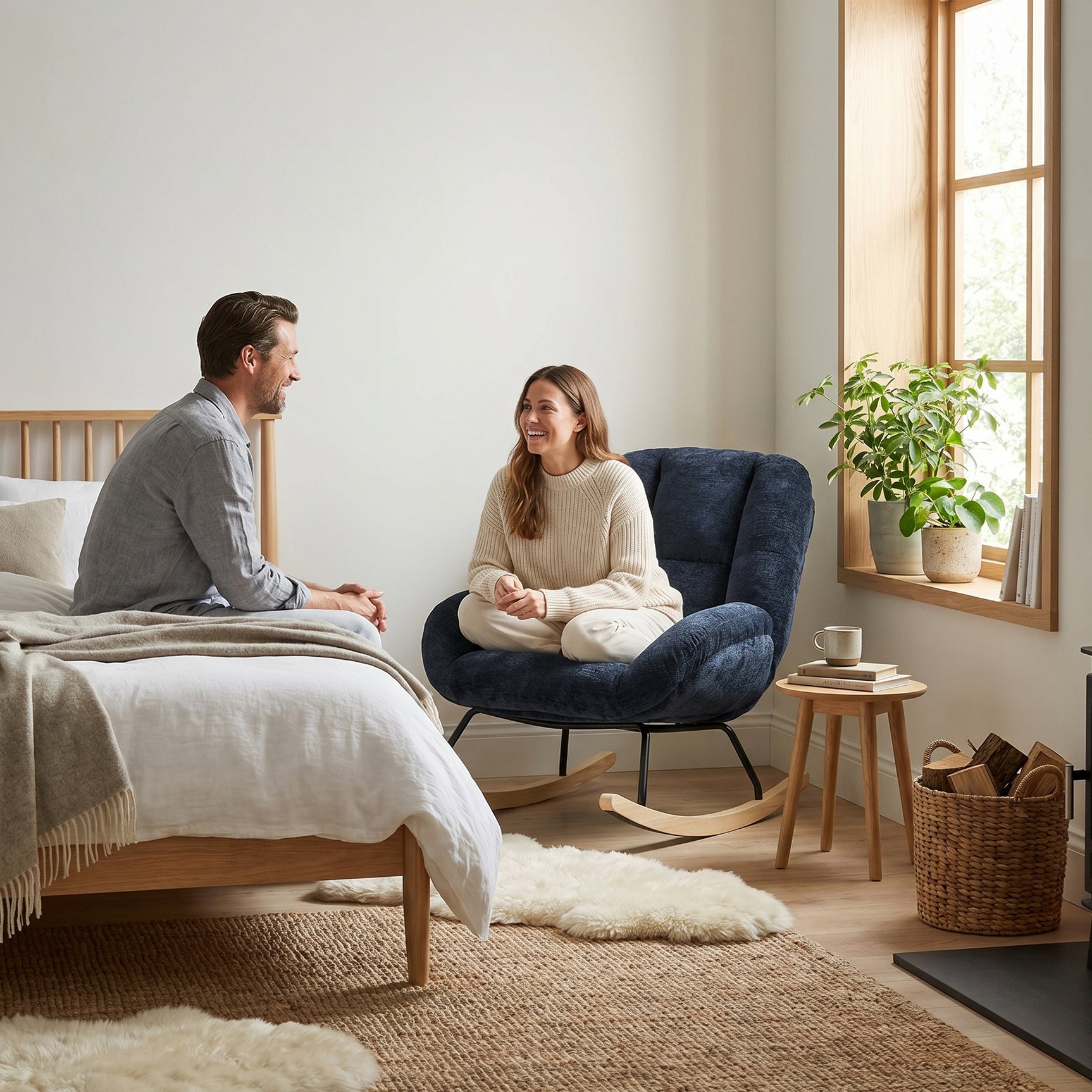 Lot de 2 fauteuil à bascule scandinave en tissu chenille avec accoudoirs pour salon ou chambre à coucher, bleu - LITHOPS