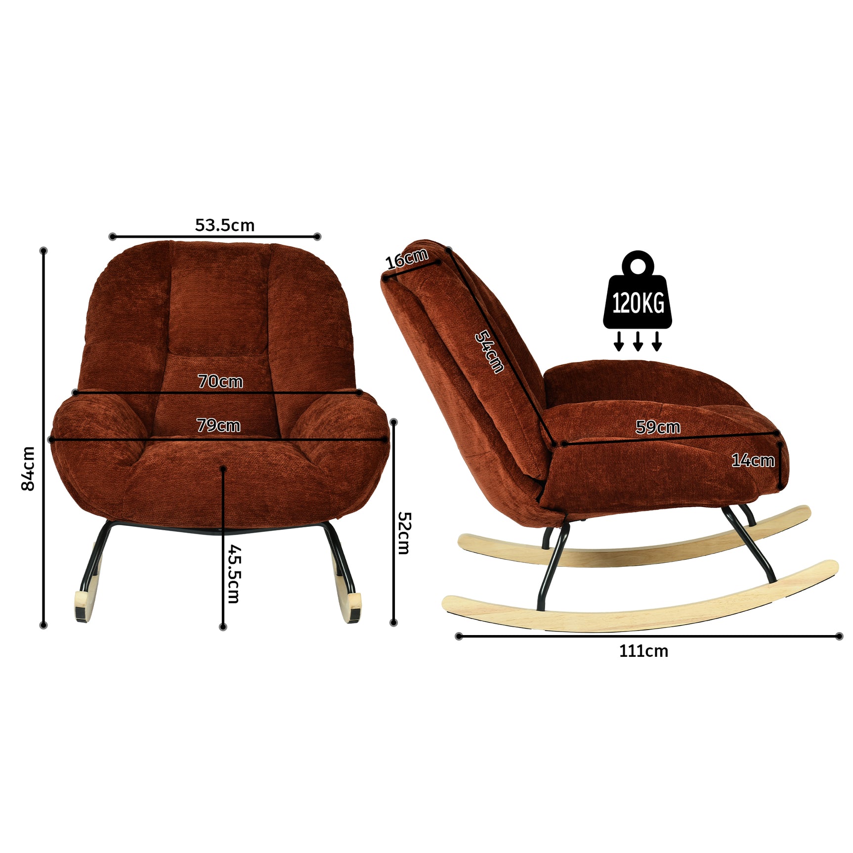 Fauteuil à bascule scandinave en tissu chenille avec accoudoirs pour salon ou chambre à coucher, rouge - LITHOPS