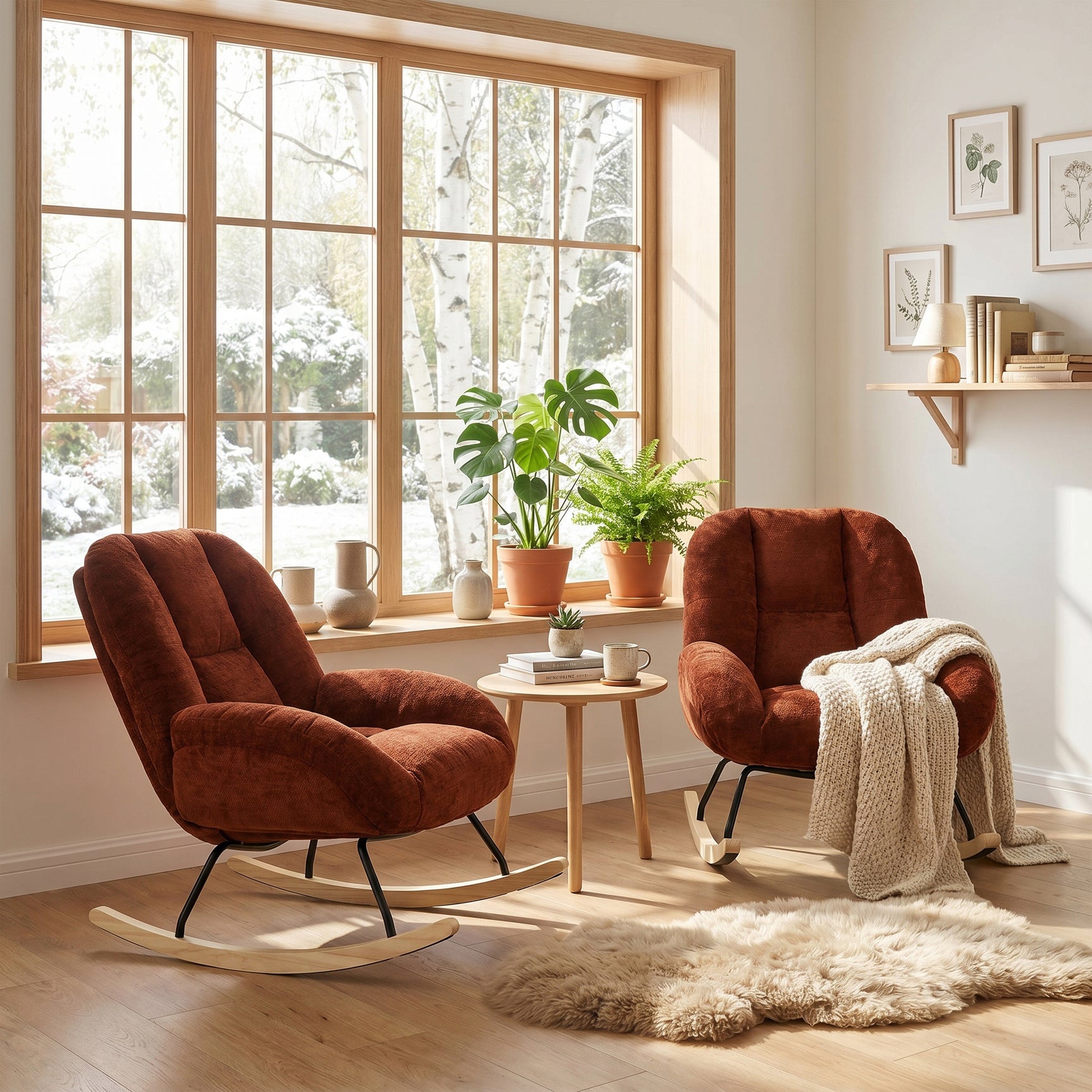 Lot de 2 fauteuil à bascule scandinave en tissu chenille avec accoudoirs pour salon ou chambre à coucher, rouge - LITHOPS