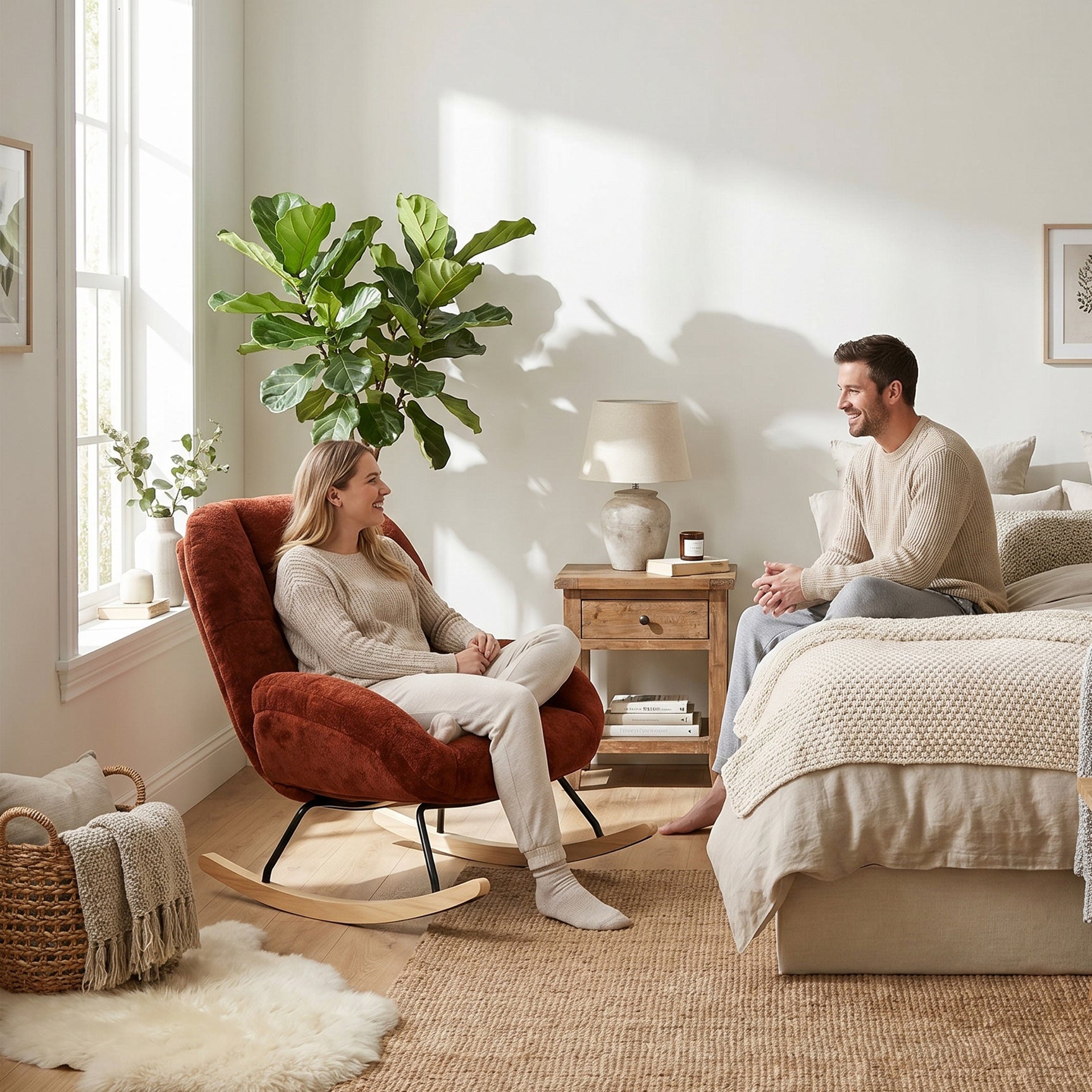 Fauteuil à bascule scandinave en tissu chenille avec accoudoirs pour salon ou chambre à coucher, rouge - LITHOPS