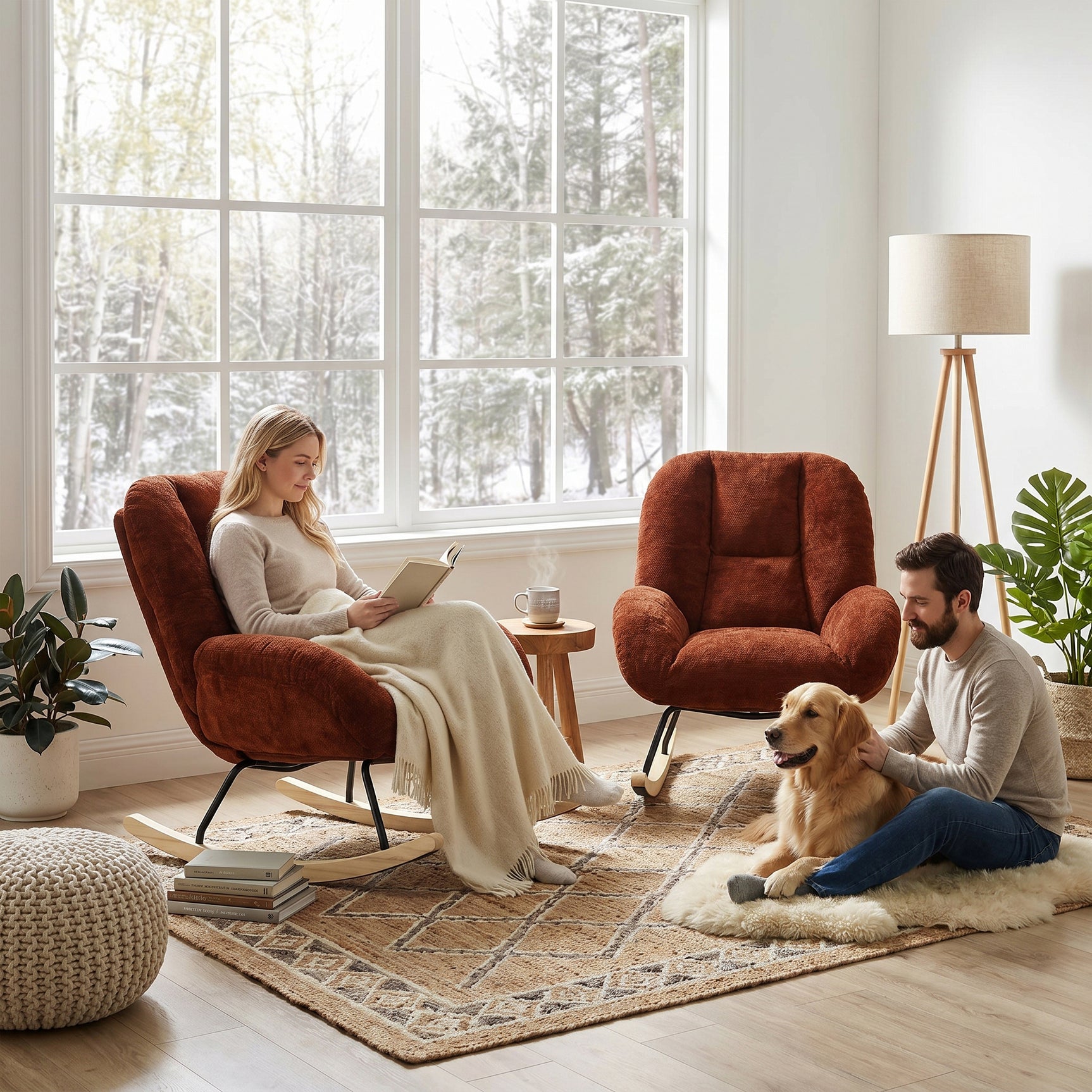 Lot de 2 fauteuil à bascule scandinave en tissu chenille avec accoudoirs pour salon ou chambre à coucher, rouge - LITHOPS