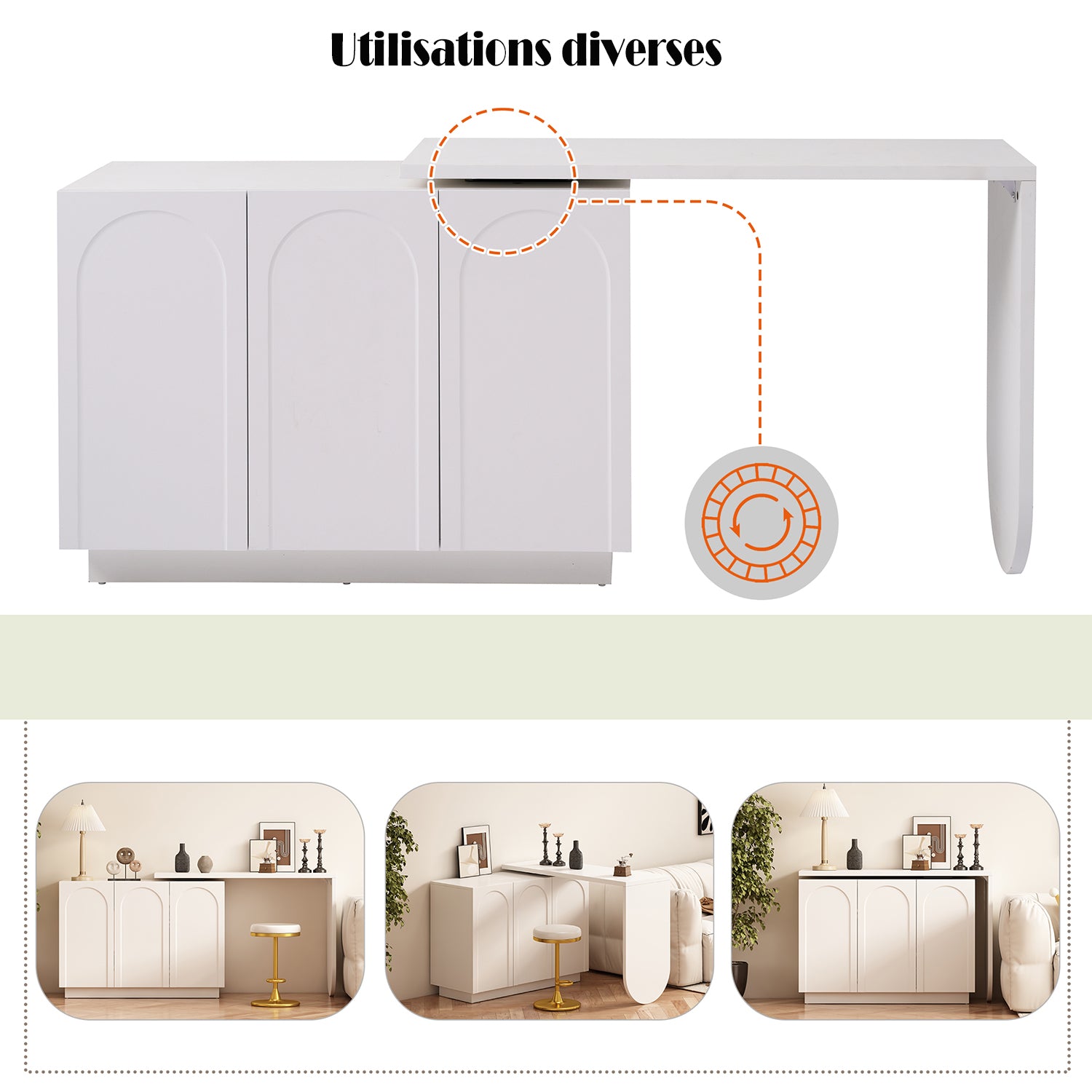 Bureau d'angle pivotant blanc en forme de L avec 3 placards de rangement