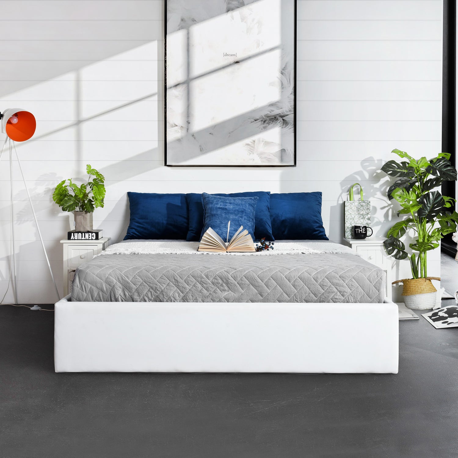 Lit coffre 2 places (140x190) avec sommier à lattes au style scandinave en similicuir blanc - MAJESTY