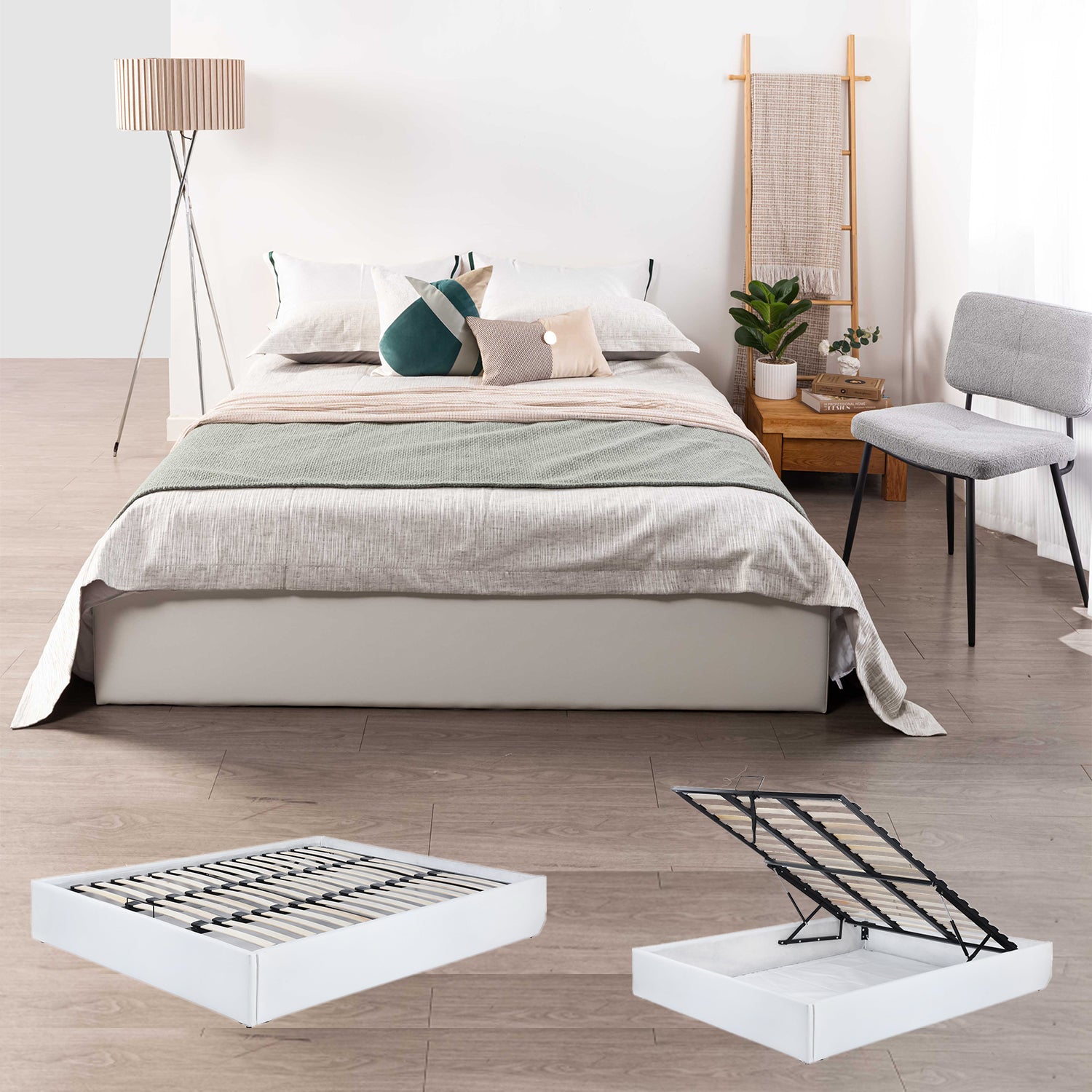 2 -seerer Brustbett (160x200) mit Lattes Box Spring im skandinavischen Stil in weißem Nachahmungsleder - Majestät