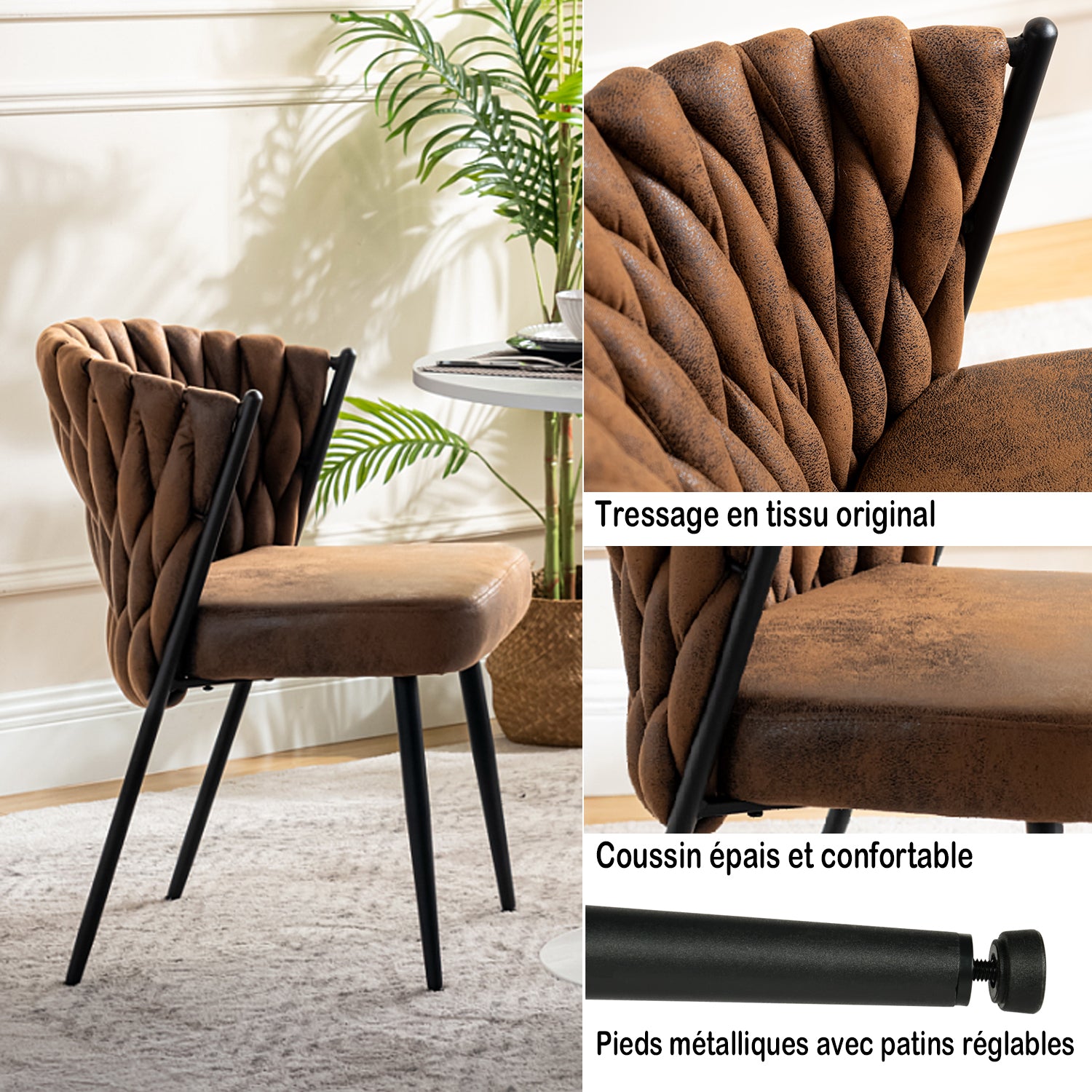 Lot de 6 chaises de salle à manger style rétro vintage avec dossier tressé en suédine marron - MILIANA