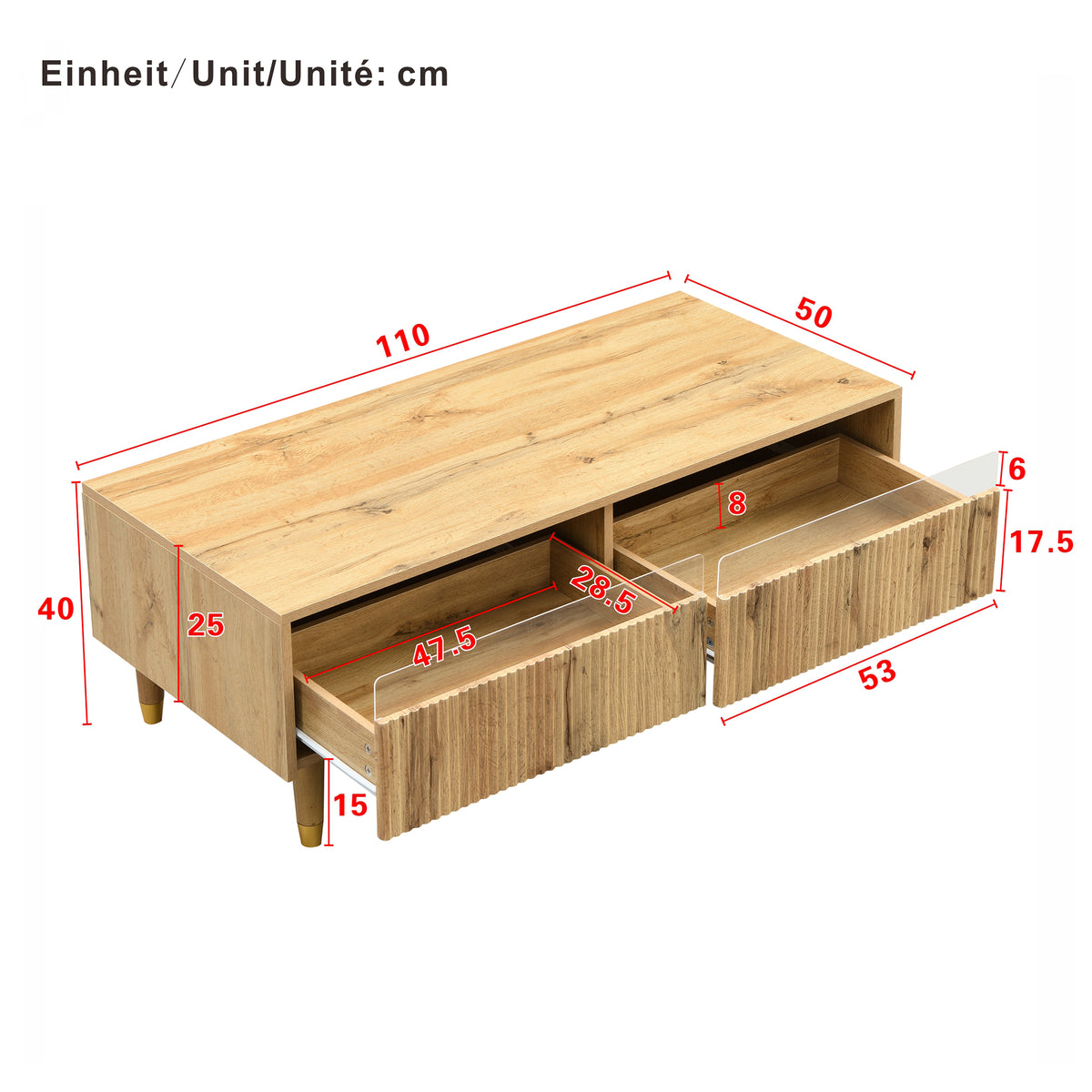 Table basse en MDF couleur chêne clair avec éclairage LED