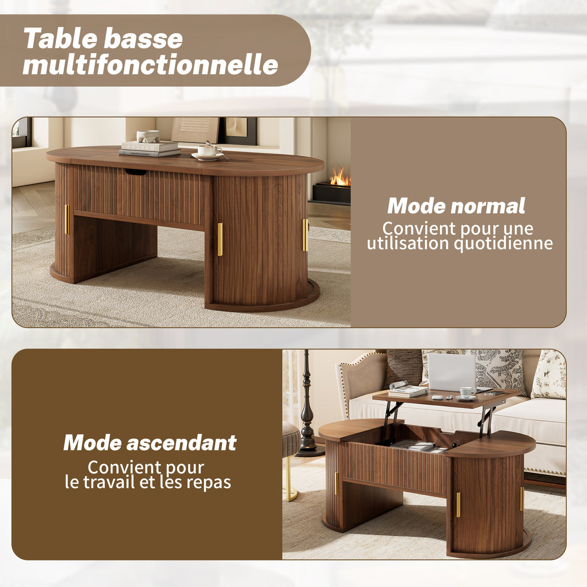 Table basse ovale en panneaux de fibres de MDF couleur noyer, hauteur réglable