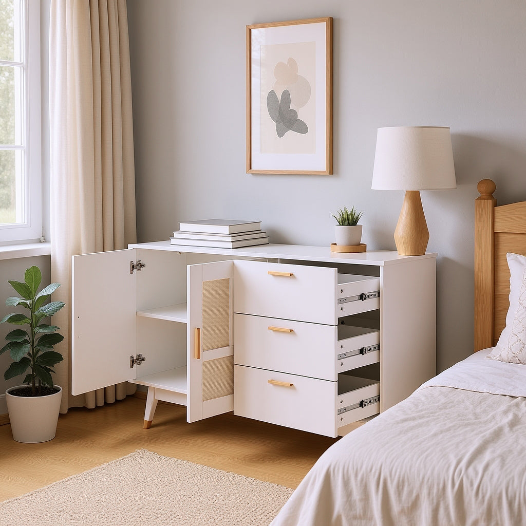 Buffet en rotin blanc décoratif avec 2 portes en rotin et 3 tiroirs, meuble de rangement multifonction élégant avec détails dorés, 160x40x87 cm