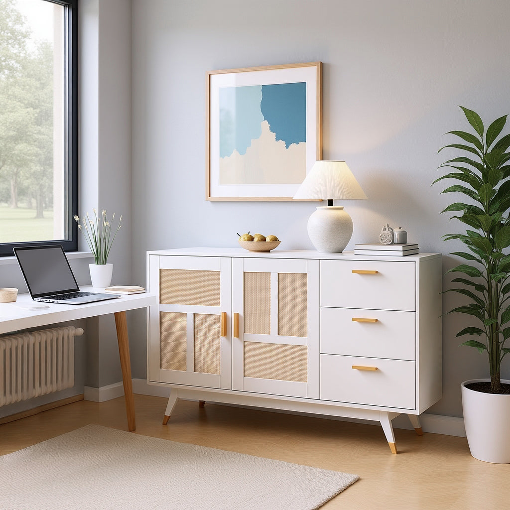 Buffet en rotin blanc décoratif avec 2 portes en rotin et 3 tiroirs, meuble de rangement multifonction élégant avec détails dorés, 160x40x87 cm