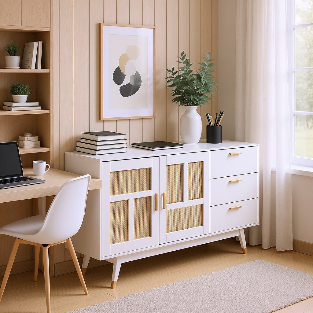 Buffet en rotin blanc décoratif avec 2 portes en rotin et 3 tiroirs, meuble de rangement multifonction élégant avec détails dorés, 160x40x87 cm