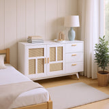 Buffet en rotin blanc décoratif avec 2 portes en rotin et 3 tiroirs, meuble de rangement multifonction élégant avec détails dorés, 160x40x87 cm