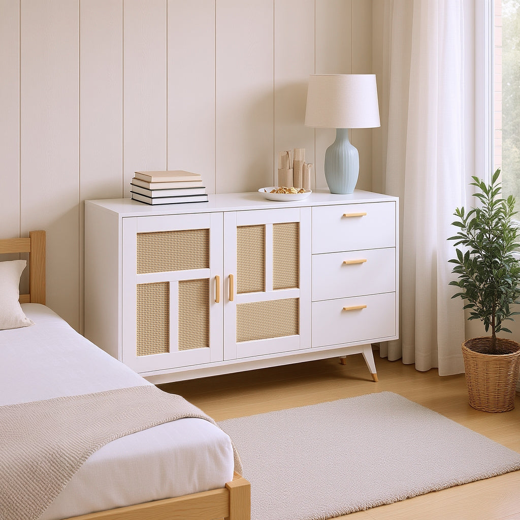 Buffet en rotin blanc décoratif avec 2 portes en rotin et 3 tiroirs, meuble de rangement multifonction élégant avec détails dorés, 160x40x87 cm