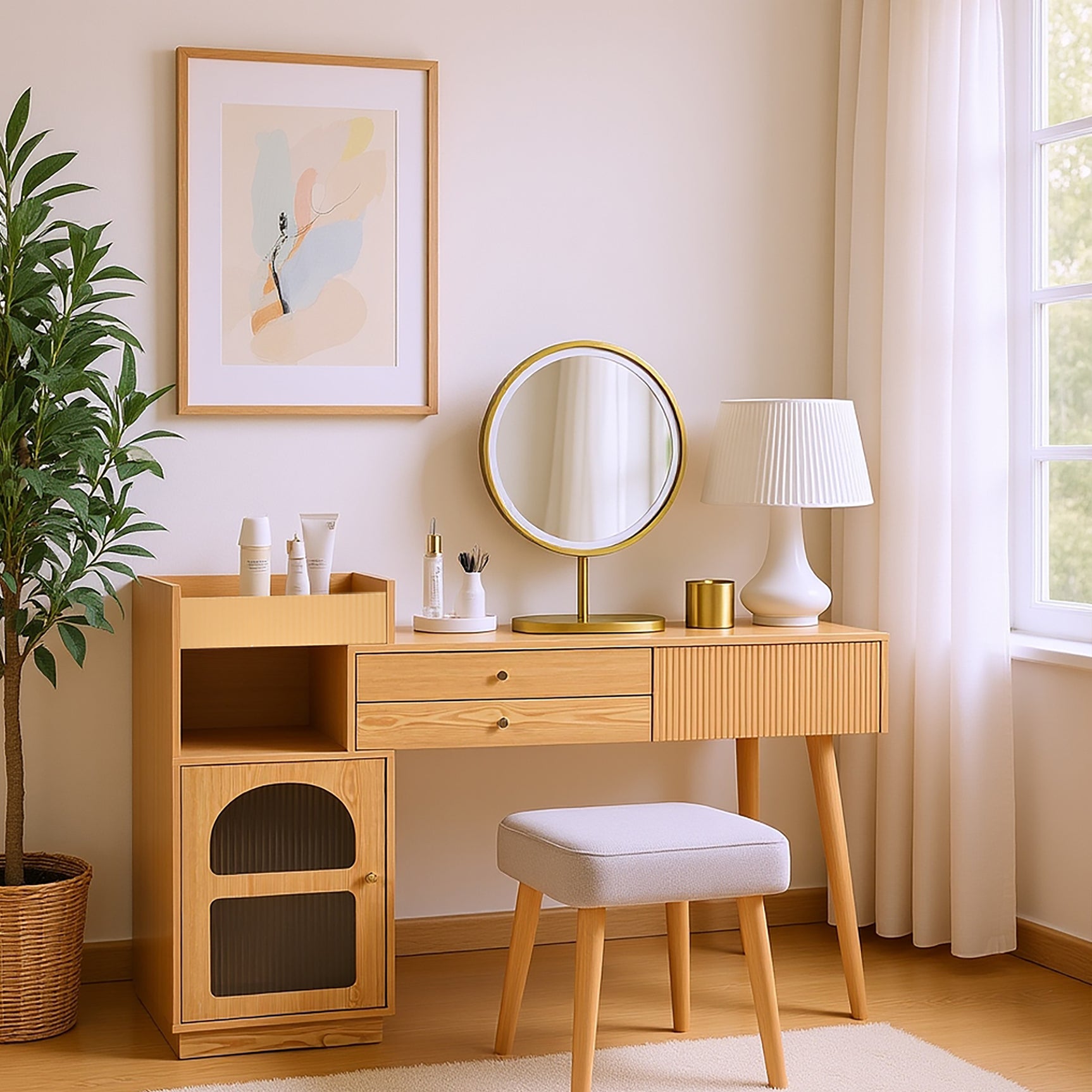 Coiffeuse moderne avec miroir LED à 3 lumières, grand espace de rangement et armoire latérale en verre, 120x40x90 cm
