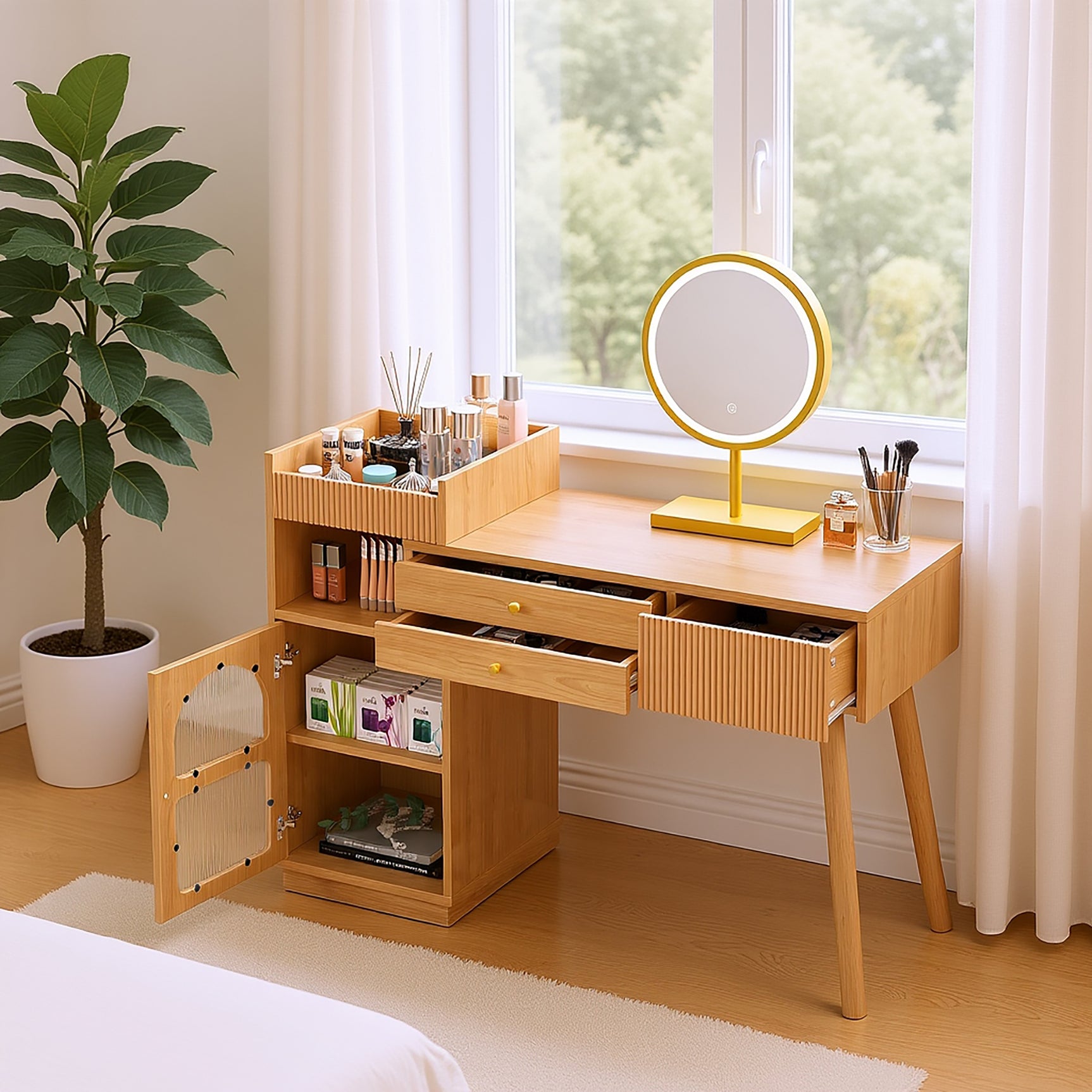 Coiffeuse moderne avec miroir LED à 3 lumières, grand espace de rangement et armoire latérale en verre, 120x40x90 cm