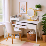 Coiffeuse avec miroir LED 3 couleurs, table de maquillage en bois avec 3 tiroirs et armoire latérale, design extensible