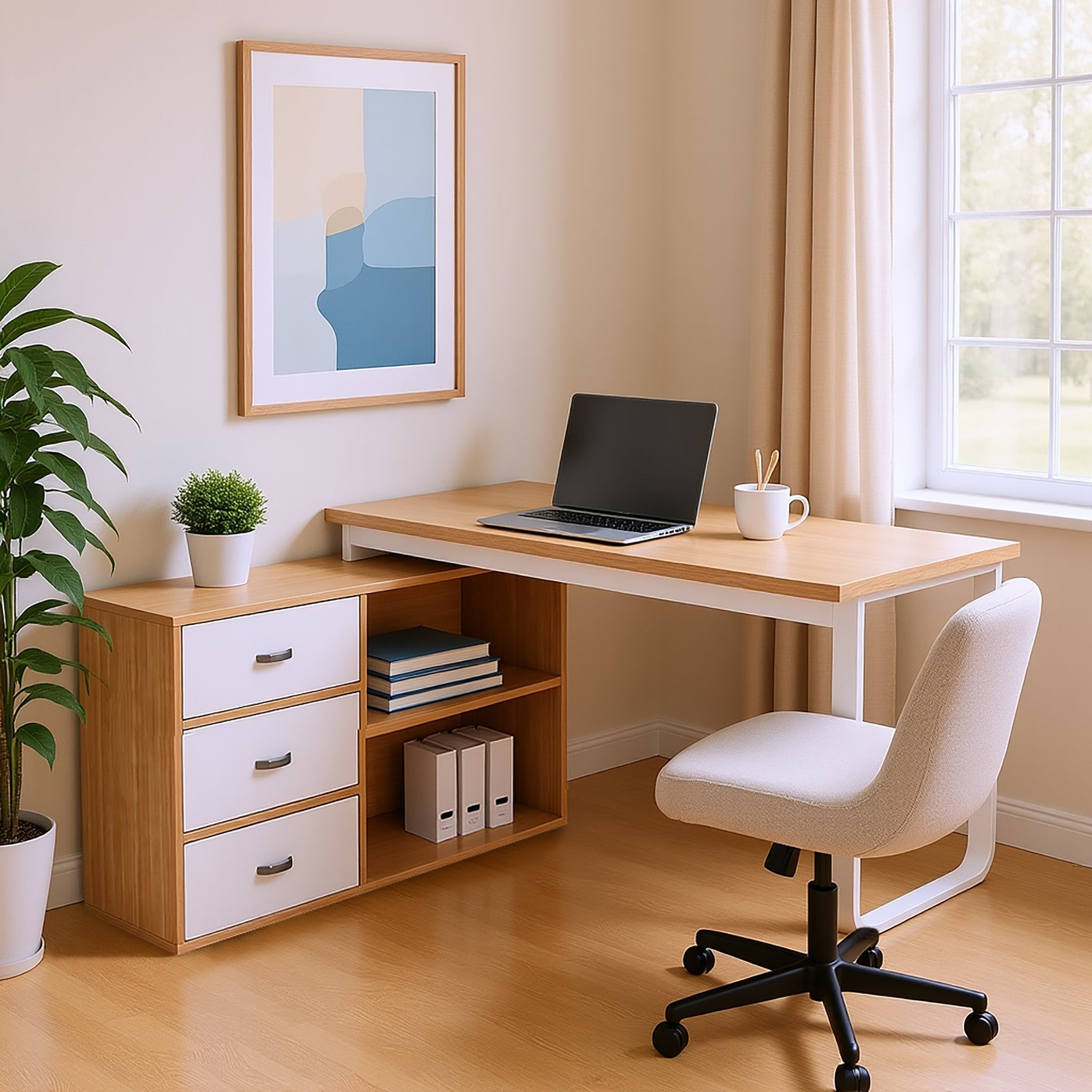 Bureau simple en bois naturel avec 3 tiroirs et 2 niches ouvertes, 147×100×75,3 cm
