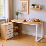 Bureau simple en bois naturel avec 3 tiroirs et 2 niches ouvertes, 147×100×75,3 cm