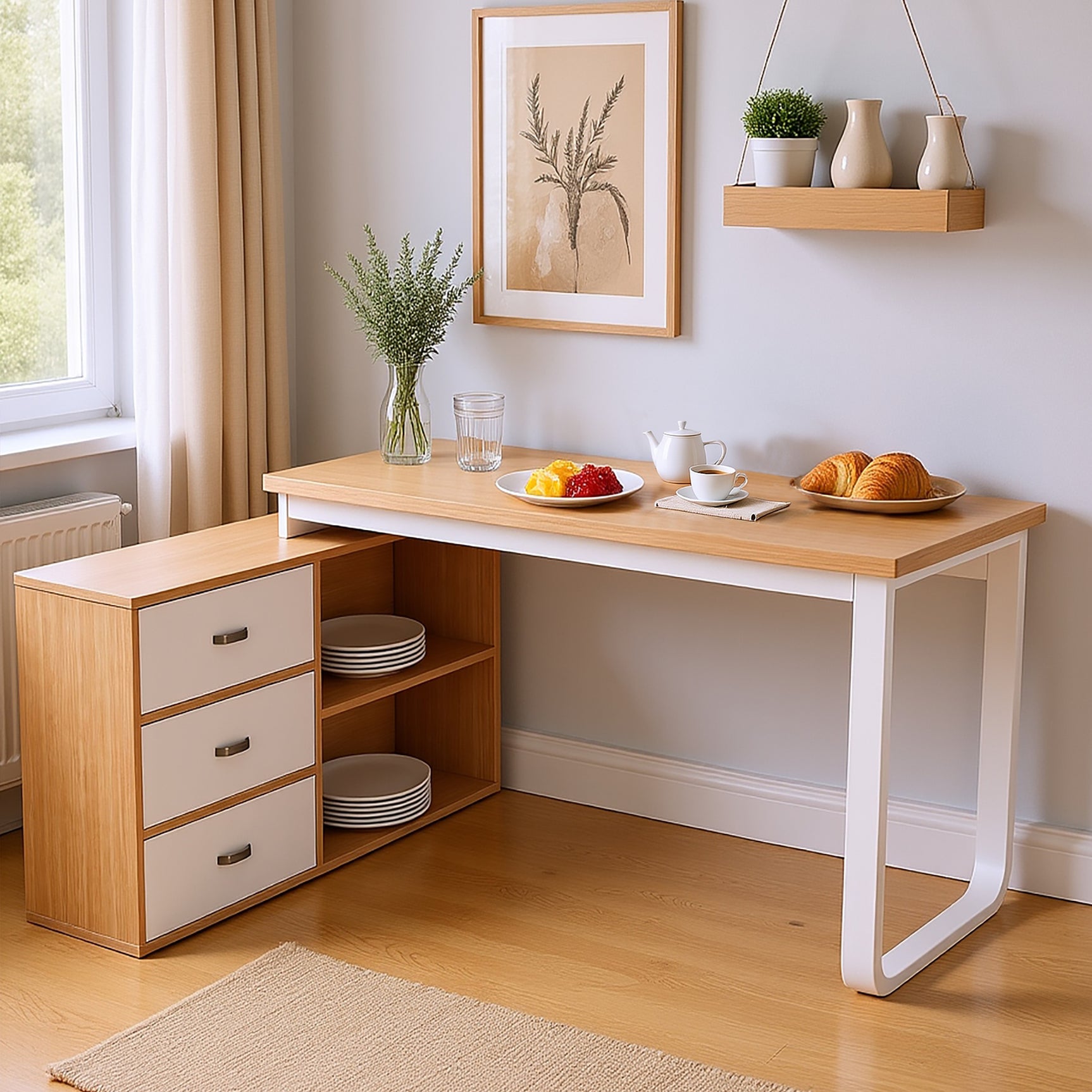 Bureau simple en bois naturel avec 3 tiroirs et 2 niches ouvertes, 147×100×75,3 cm