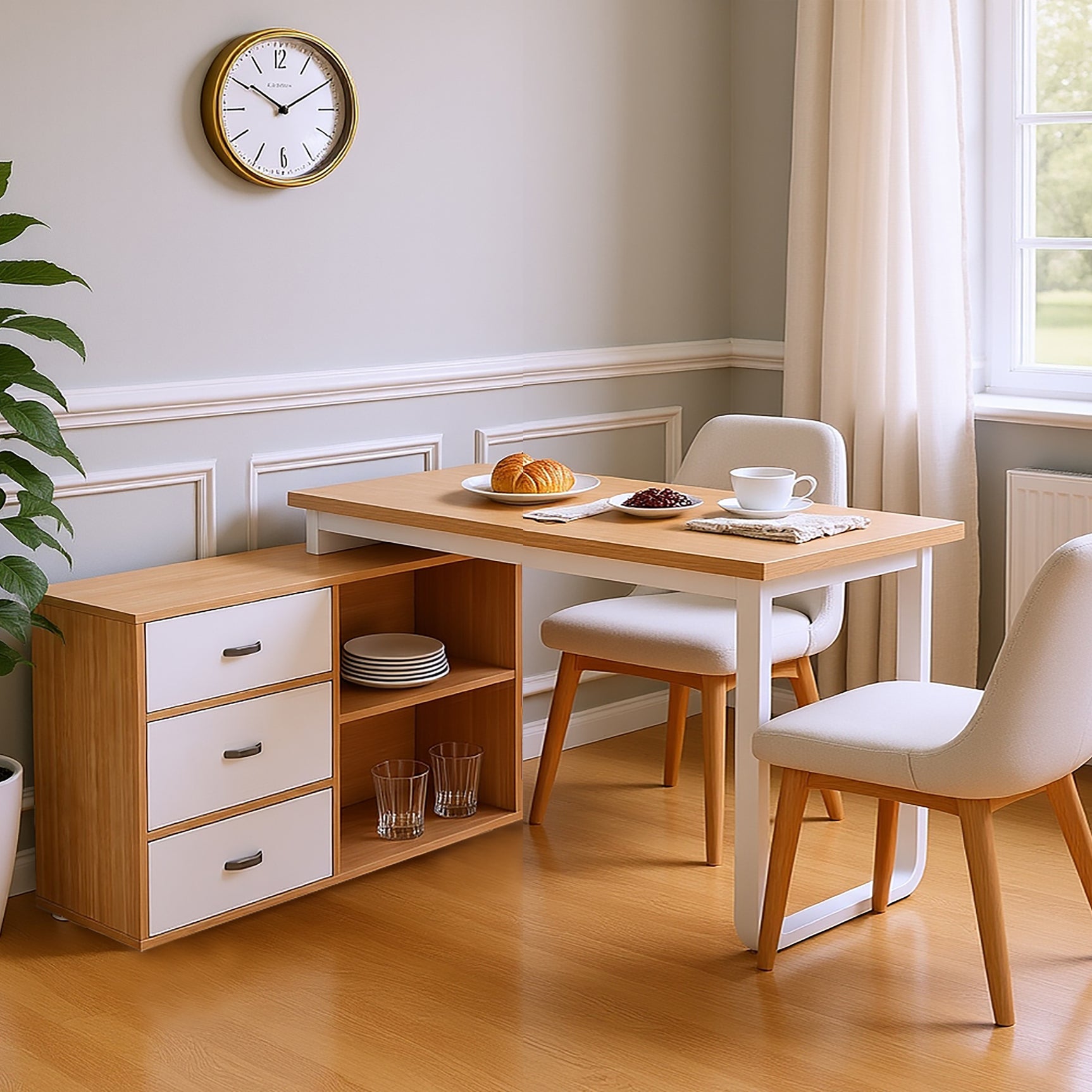 Bureau simple en bois naturel avec 3 tiroirs et 2 niches ouvertes, 147×100×75,3 cm