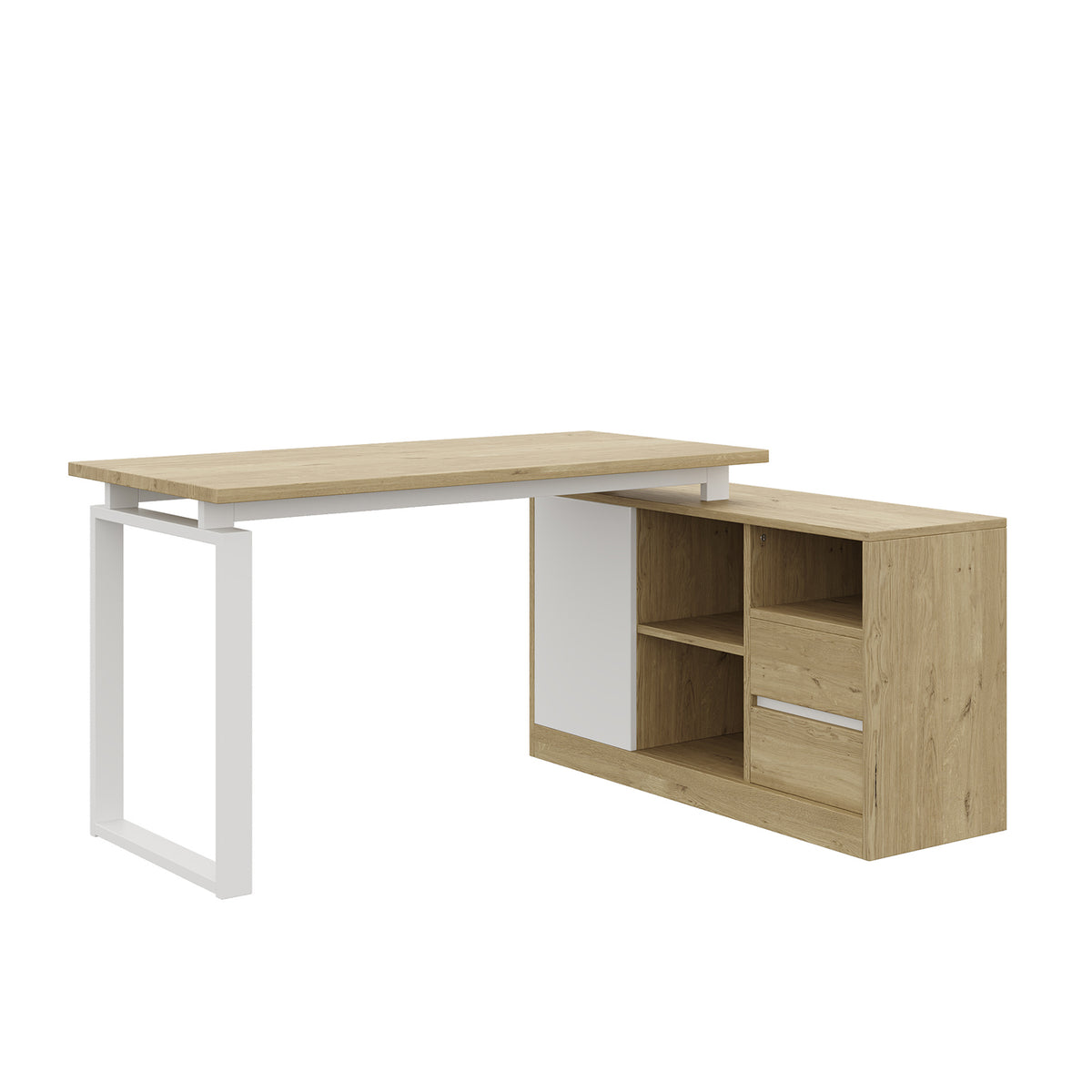 Bureau MDF blanc et ton bois naturel en forme de L