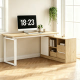 Bureau MDF blanc et ton bois naturel en forme de L