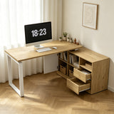 Bureau MDF blanc et ton bois naturel en forme de L