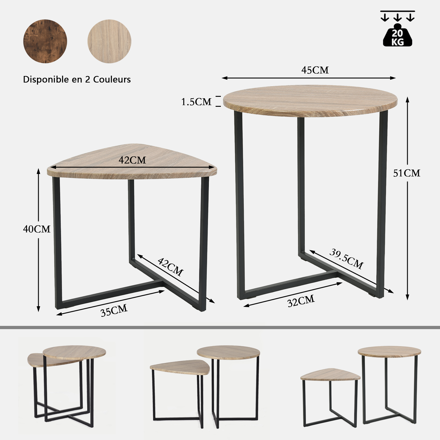 Lot de 2 tables basses gigognes style industriel en métal noir et bois imitation chêne - LAYA