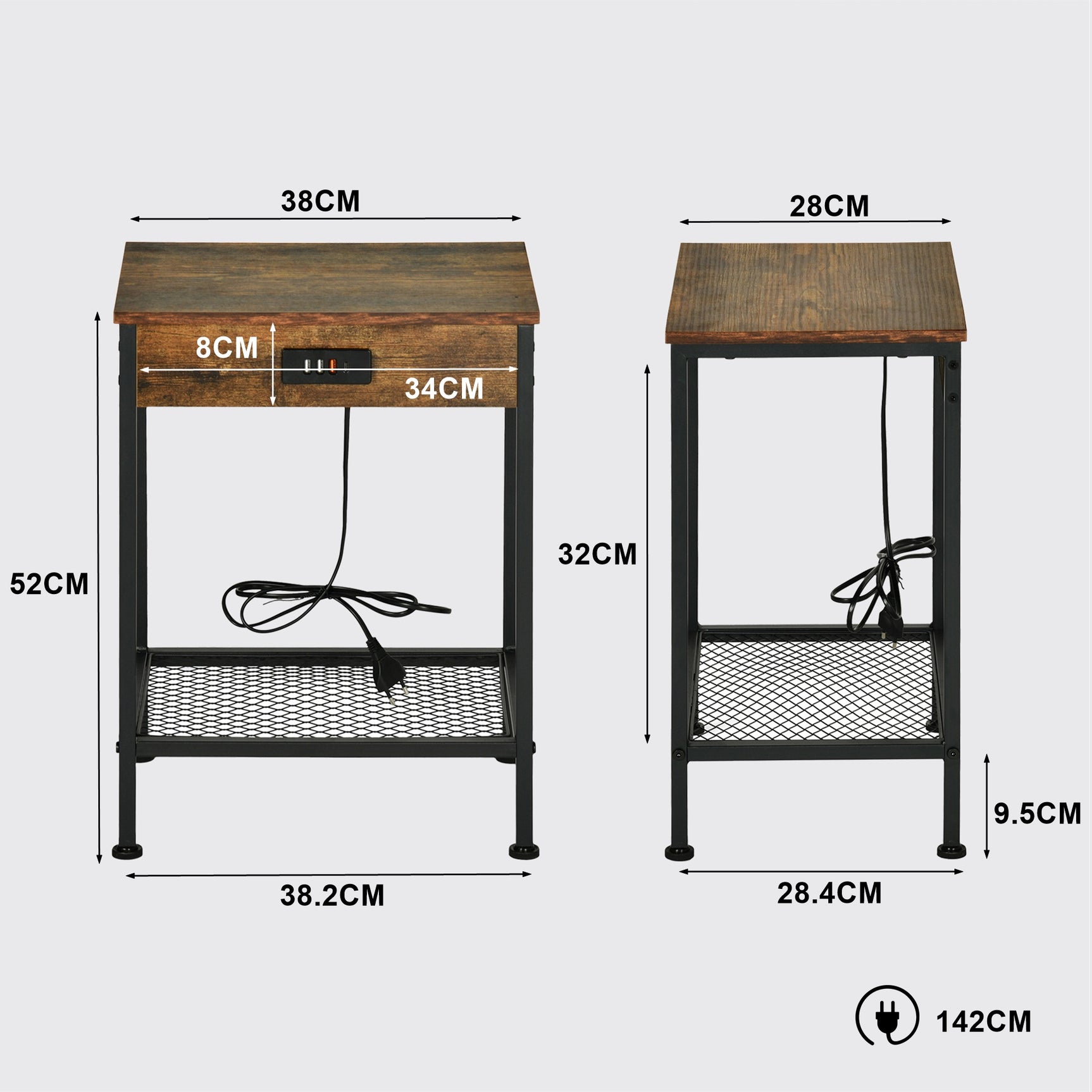 Actoint table/end of industrial design in vintage brown and black metal with double tray and integrated USB ports - Oakham