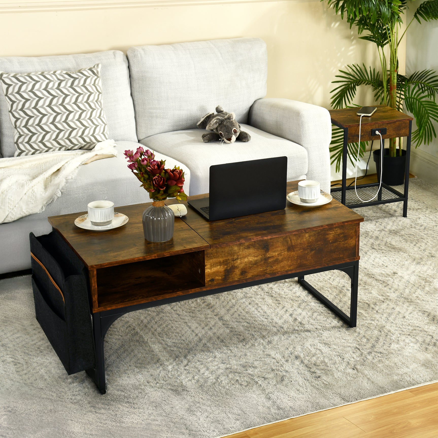 Actoint table/end of industrial design in vintage brown and black metal with double tray and integrated USB ports - Oakham