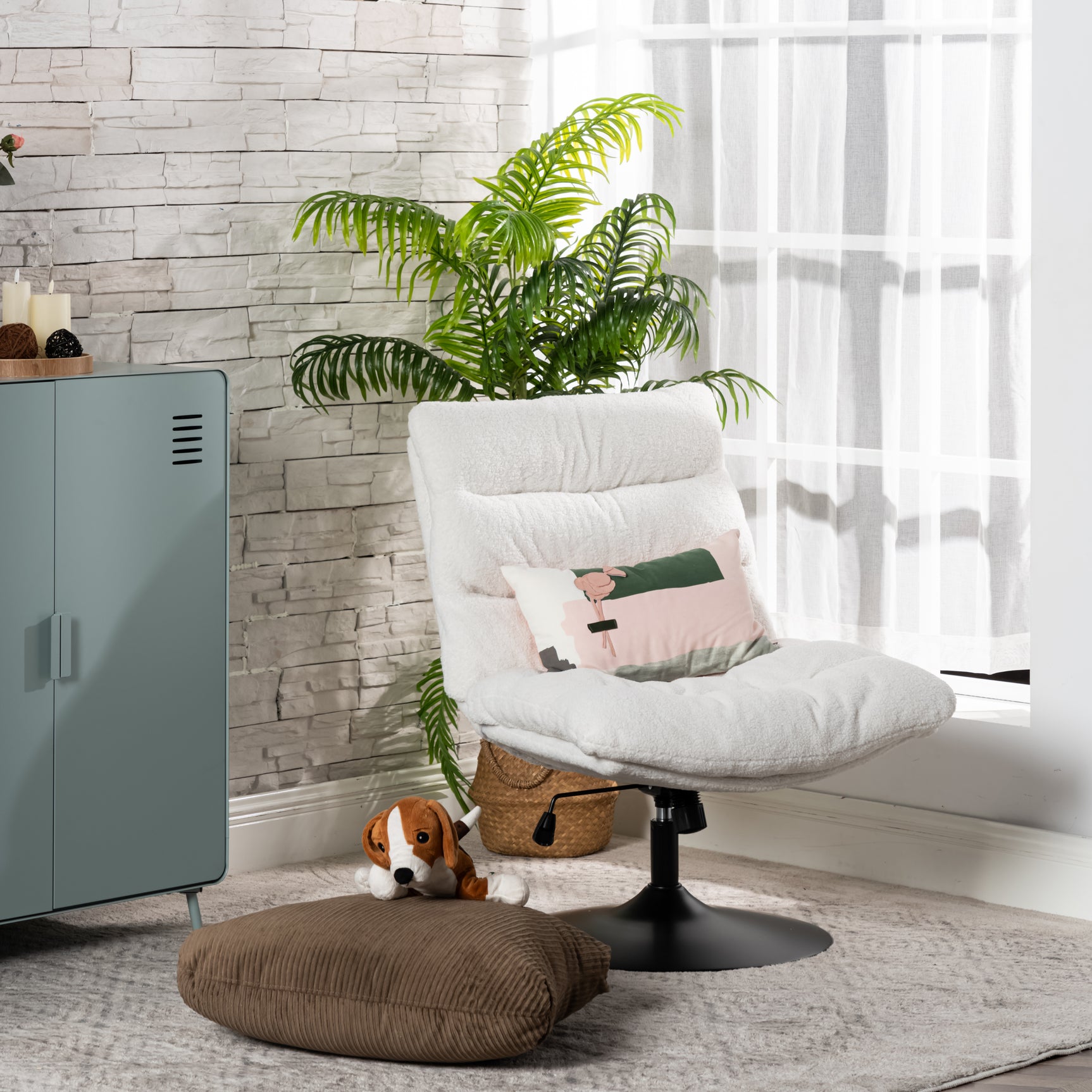 Fauteuil de loisirs réglable tissu mouton bouclette blanc pivotant à 360° - LAMBERY