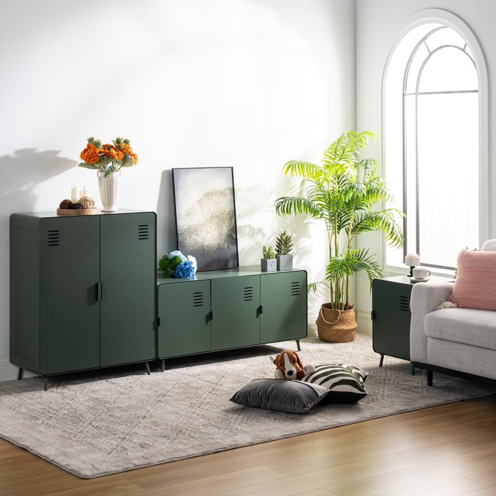 Fernsehschrank/Buffet Wohnzimmer in 3 -toor -grünem Metall und Holzschale mit Regalen - Walnuss
