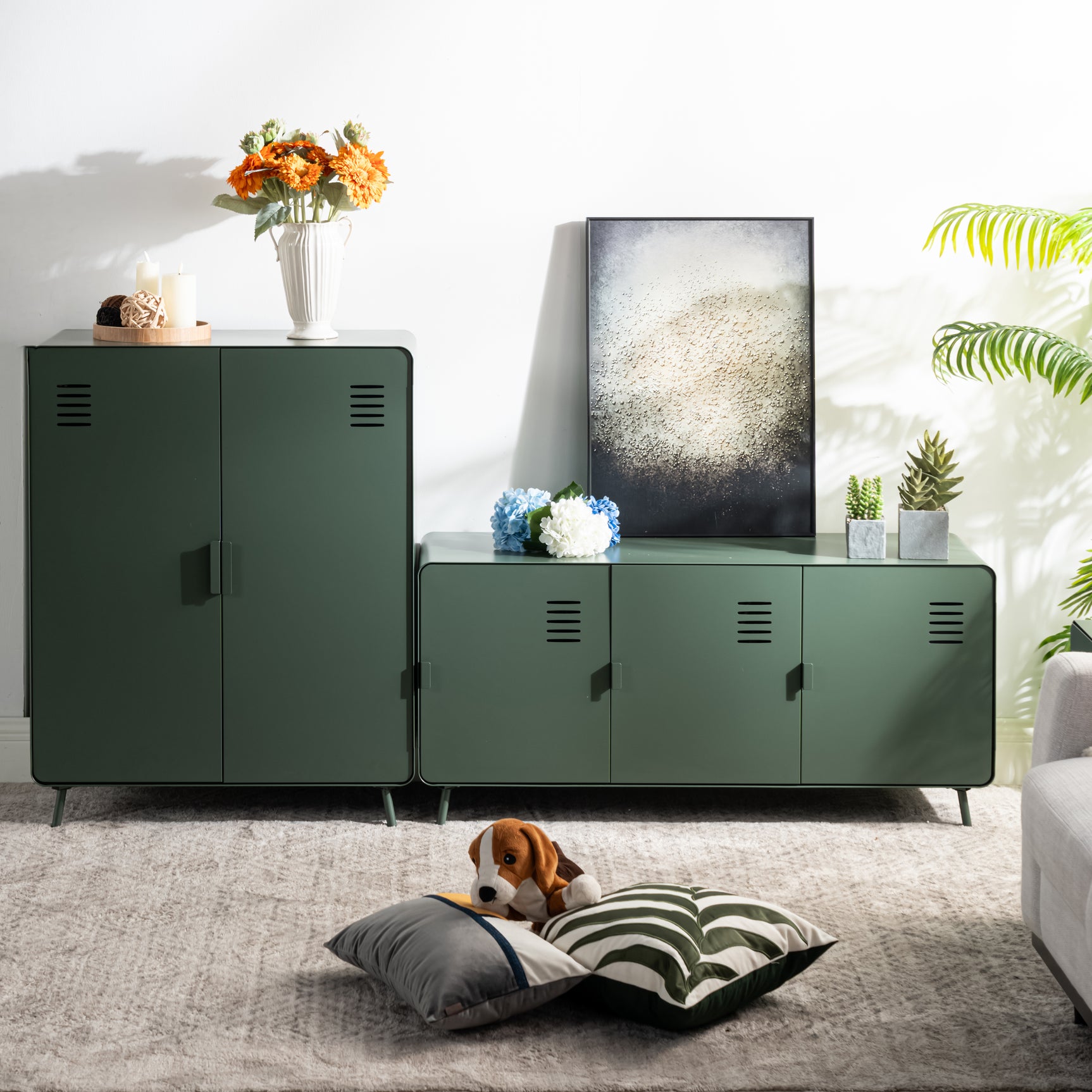 Fernsehschrank/Buffet Wohnzimmer in 3 -toor -grünem Metall und Holzschale mit Regalen - Walnuss