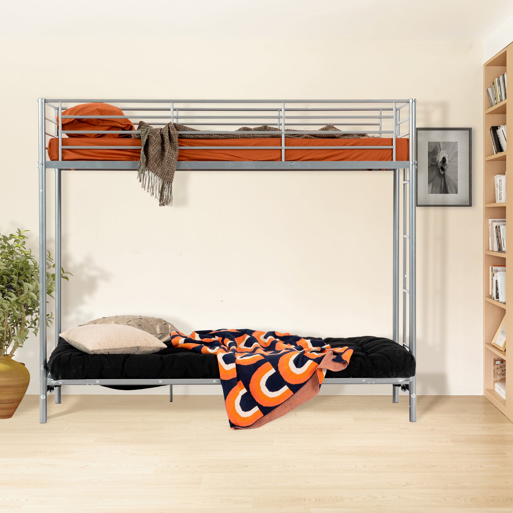Ensemble lit superposé 90x190cm avec banquette convertible en métal argenté, et matelas futon pliable 2 places - LIBERTY N MICA