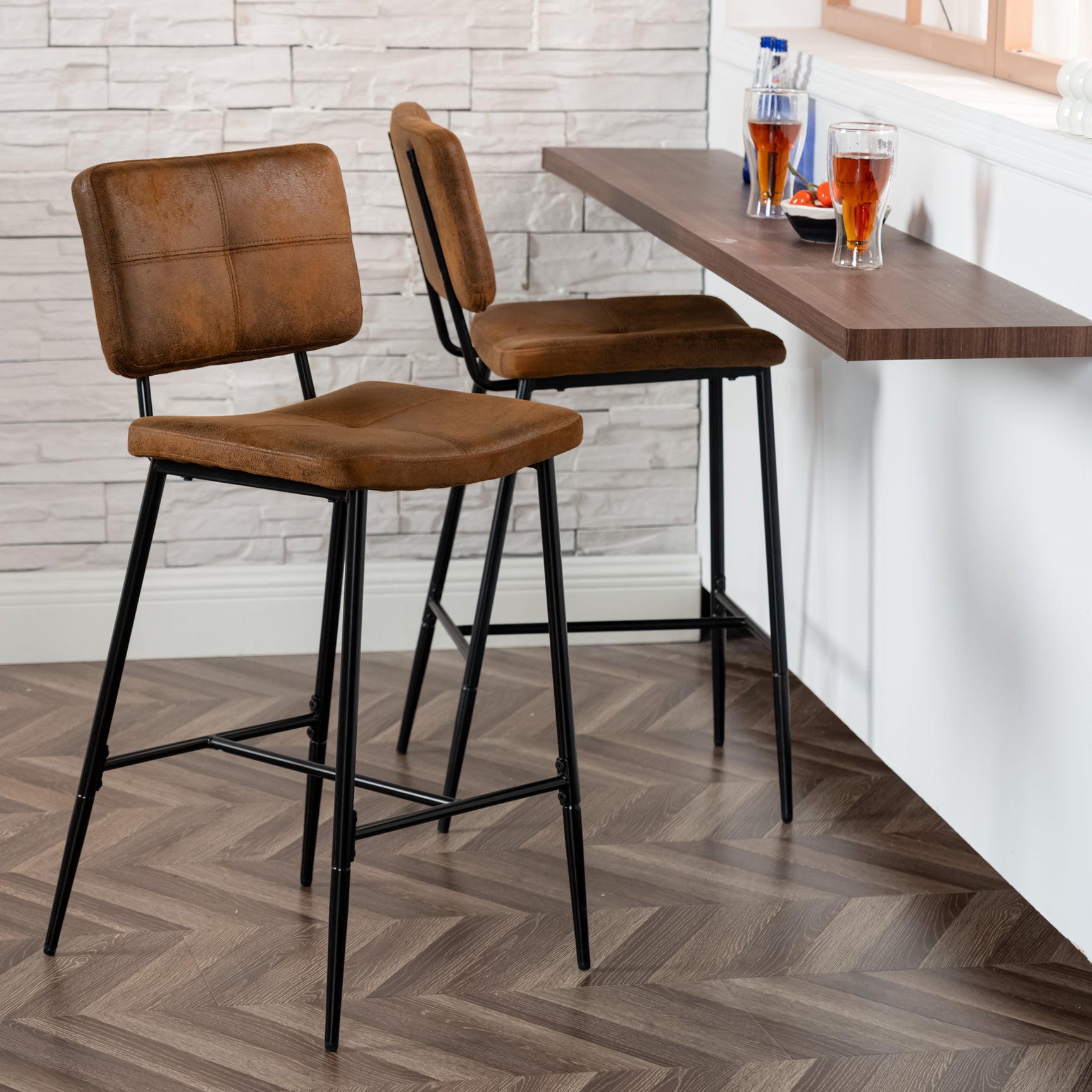 Set of 2 industrial bar stools with suede back - POMONA BAR