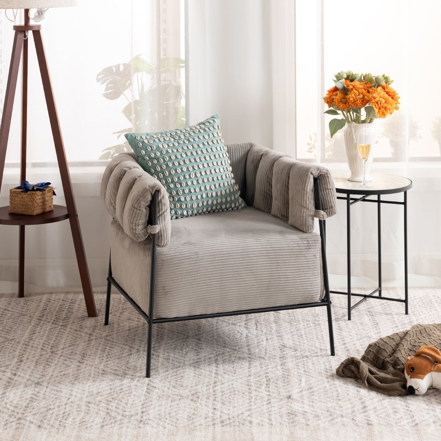 Lounge armchair with armrests in light taupe corduroy - DOMCO