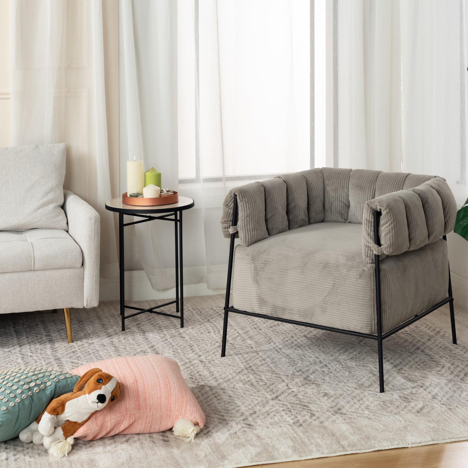 Lounge armchair with armrests in light taupe corduroy - DOMCO