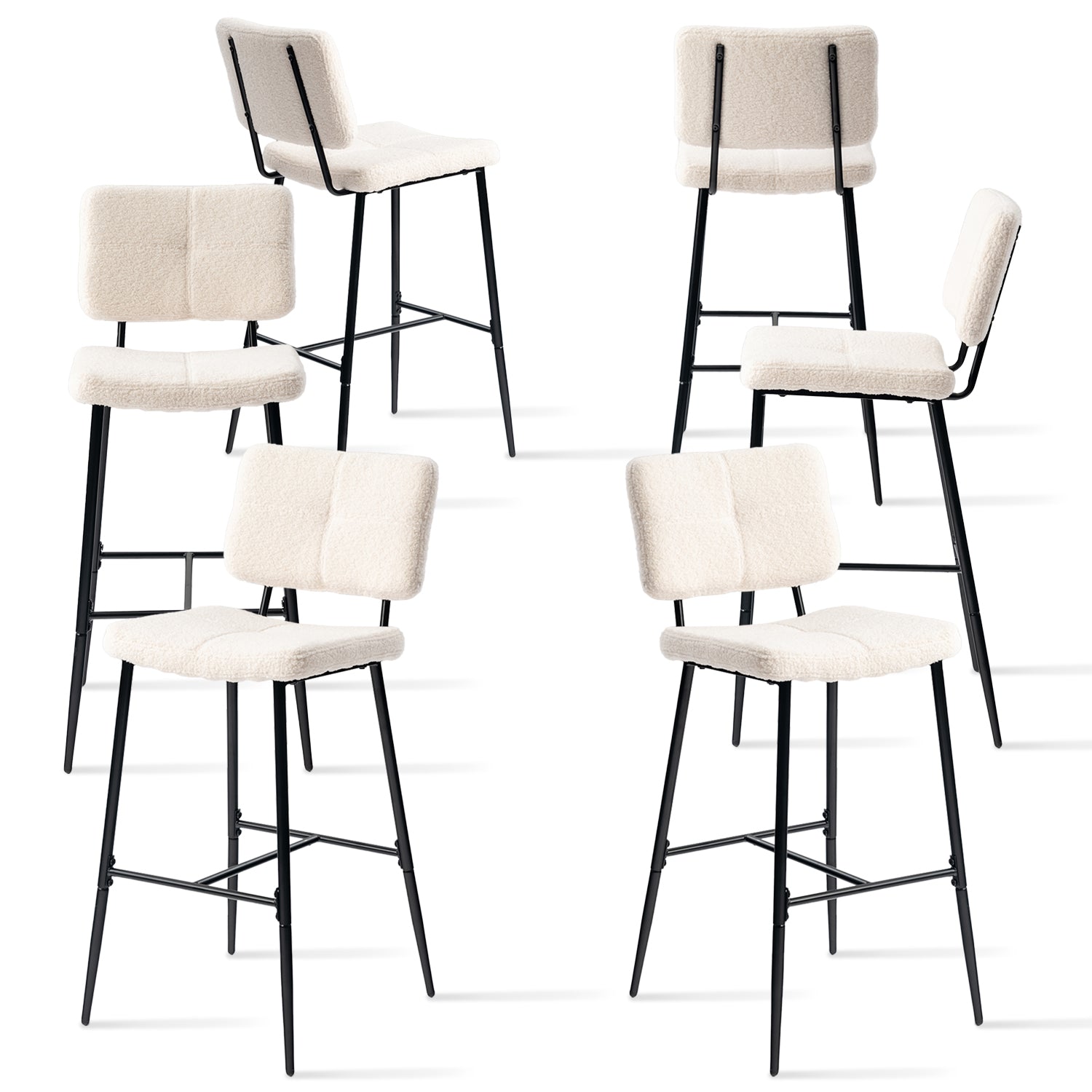 Lot de 6 tabourets de bar scandinaves avec dossier en tissu mouton bouclette beige - POMONA BAR