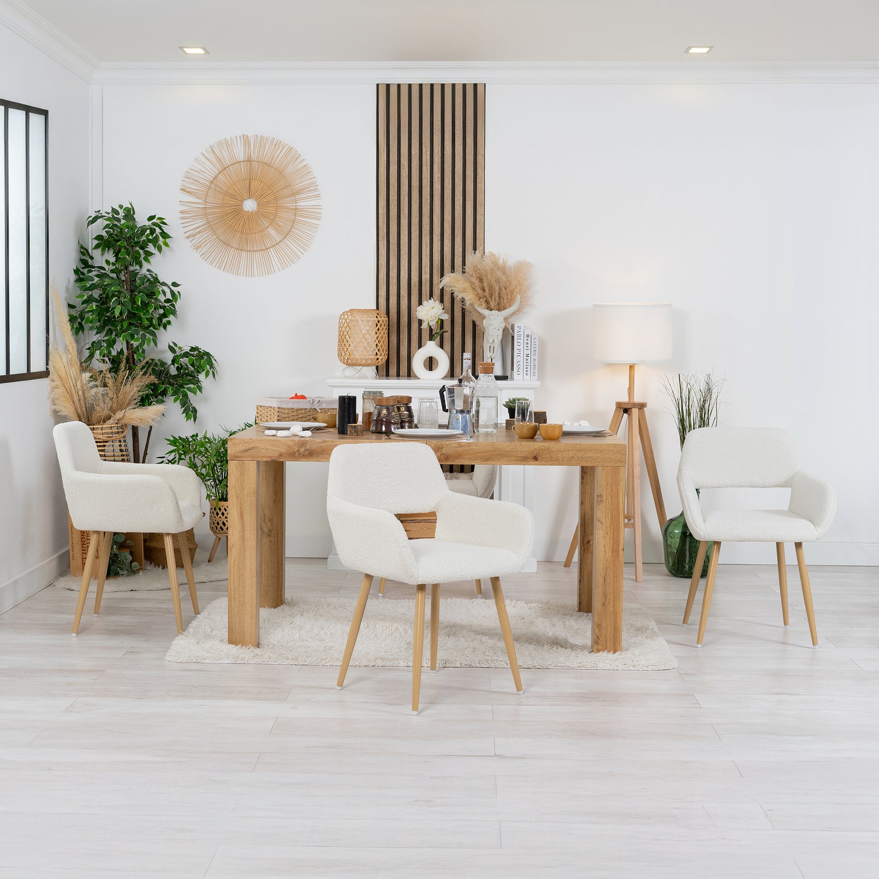 Lot de 4 fauteuils de salle à manger scandinaves avec accoudoirs tissu mouton bouclette beige - CROMWELL