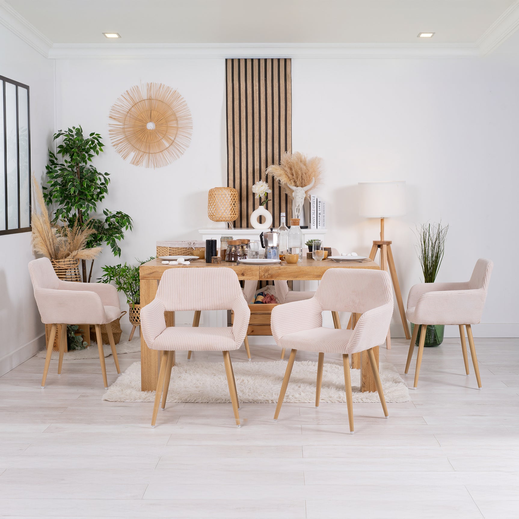 Set of 6 Scandinavian dining chairs with beige velvet armrests - Cromwell Corduroy